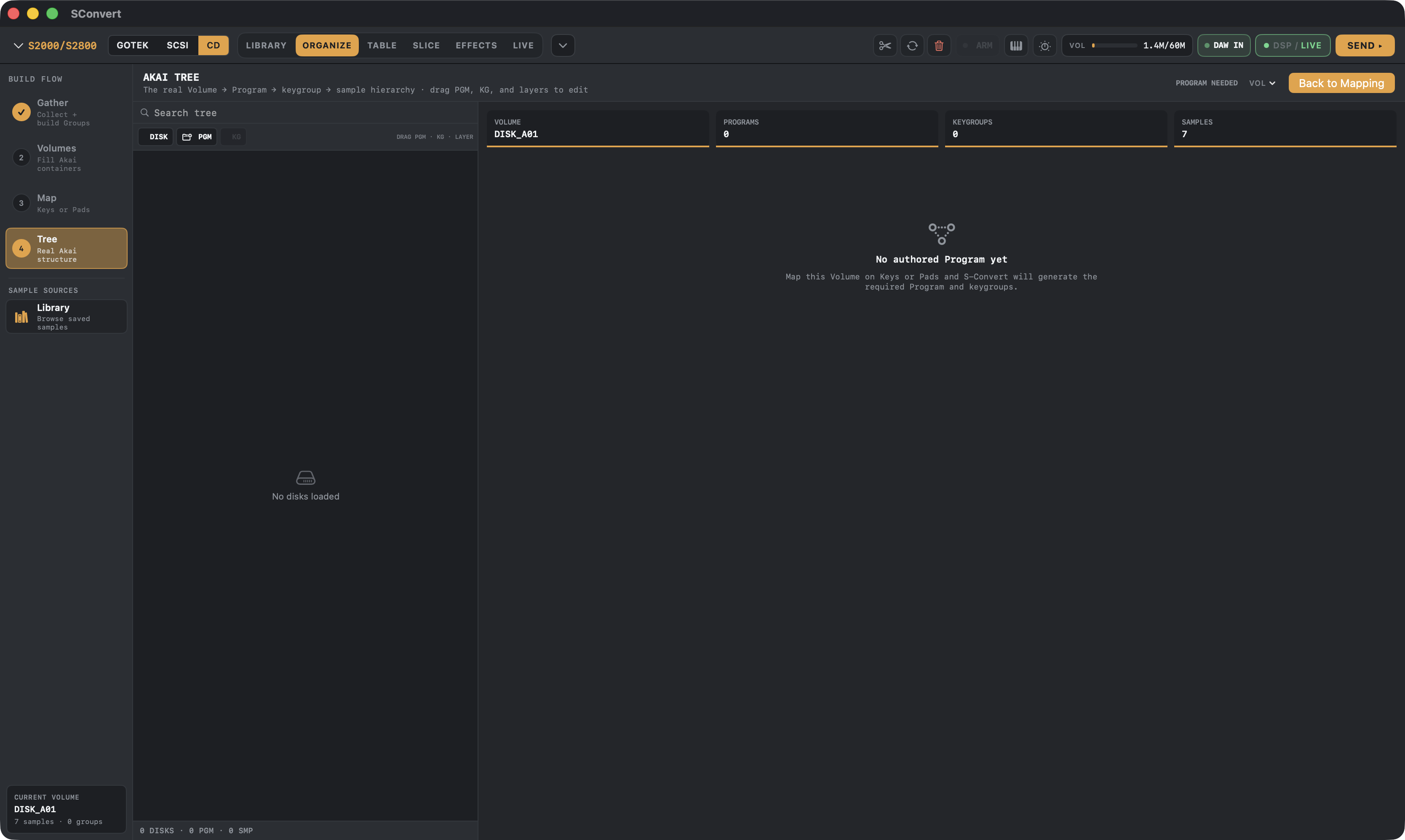 S-Convert Akai tree editor showing the Volume, Program, Keygroup hierarchy