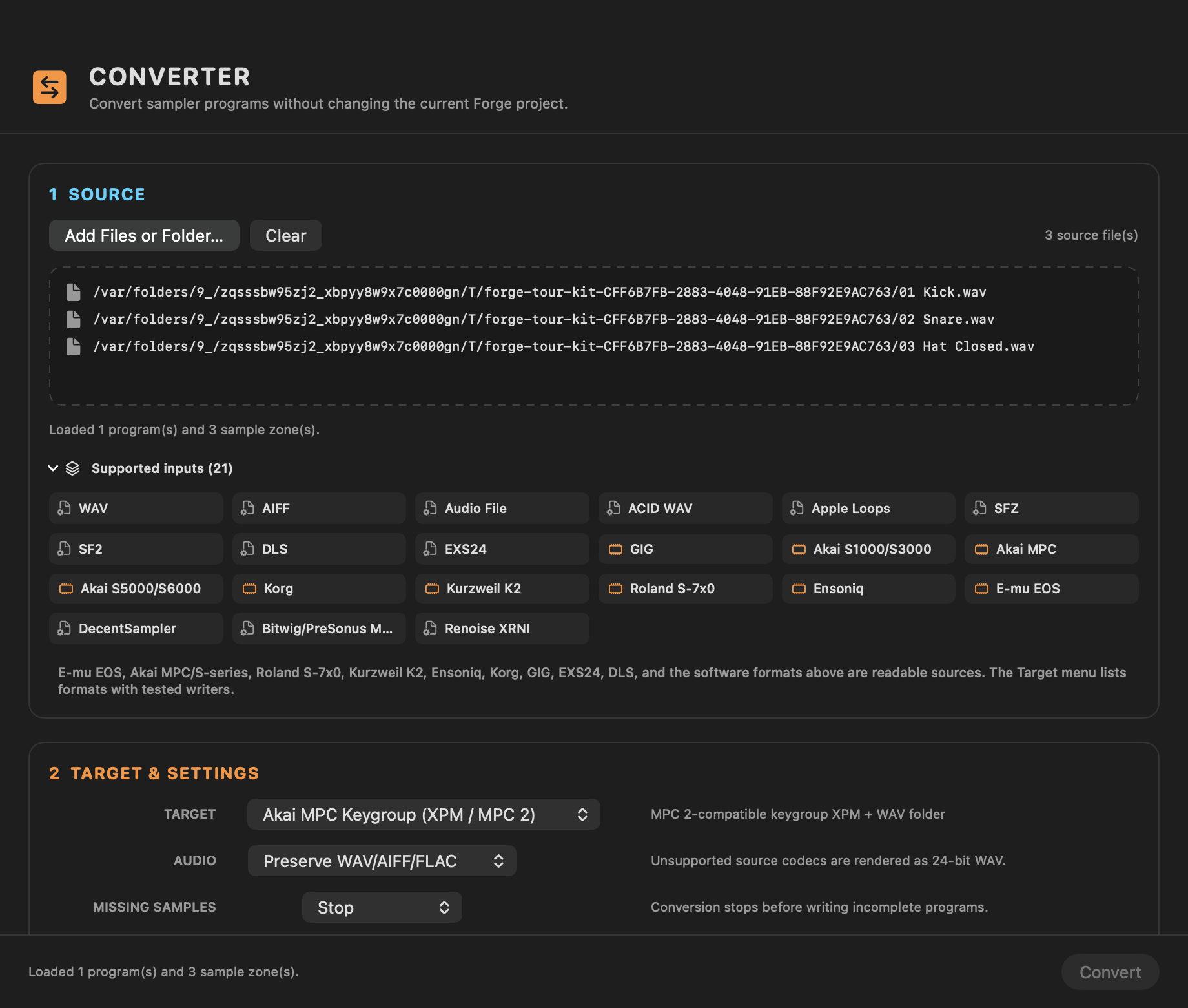 S-Convert's converter window with Akai MPC Keygroup (XPM / MPC 2) selected as the export target