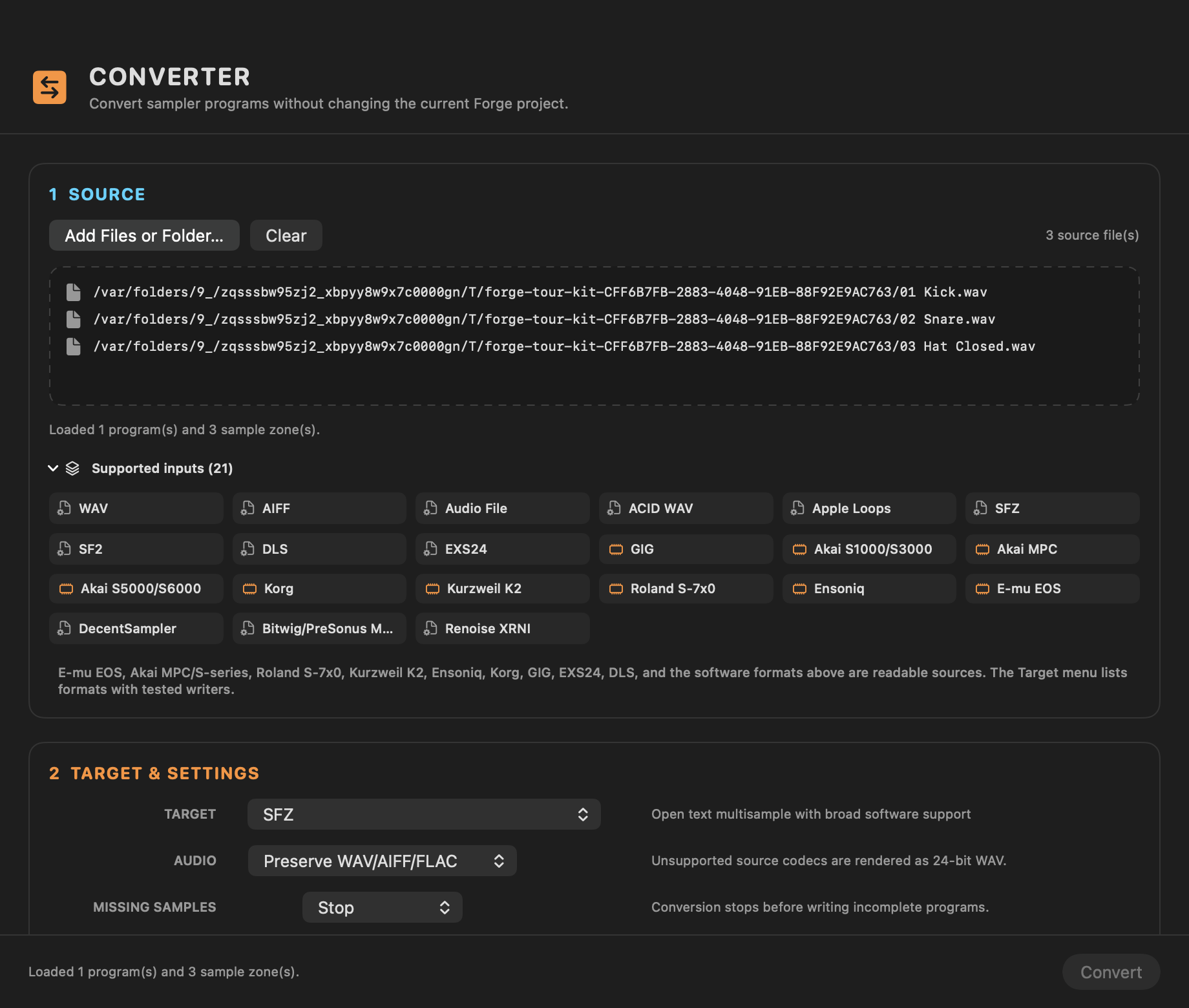 S-Convert's converter window with SFZ selected as the export target and source samples loaded
