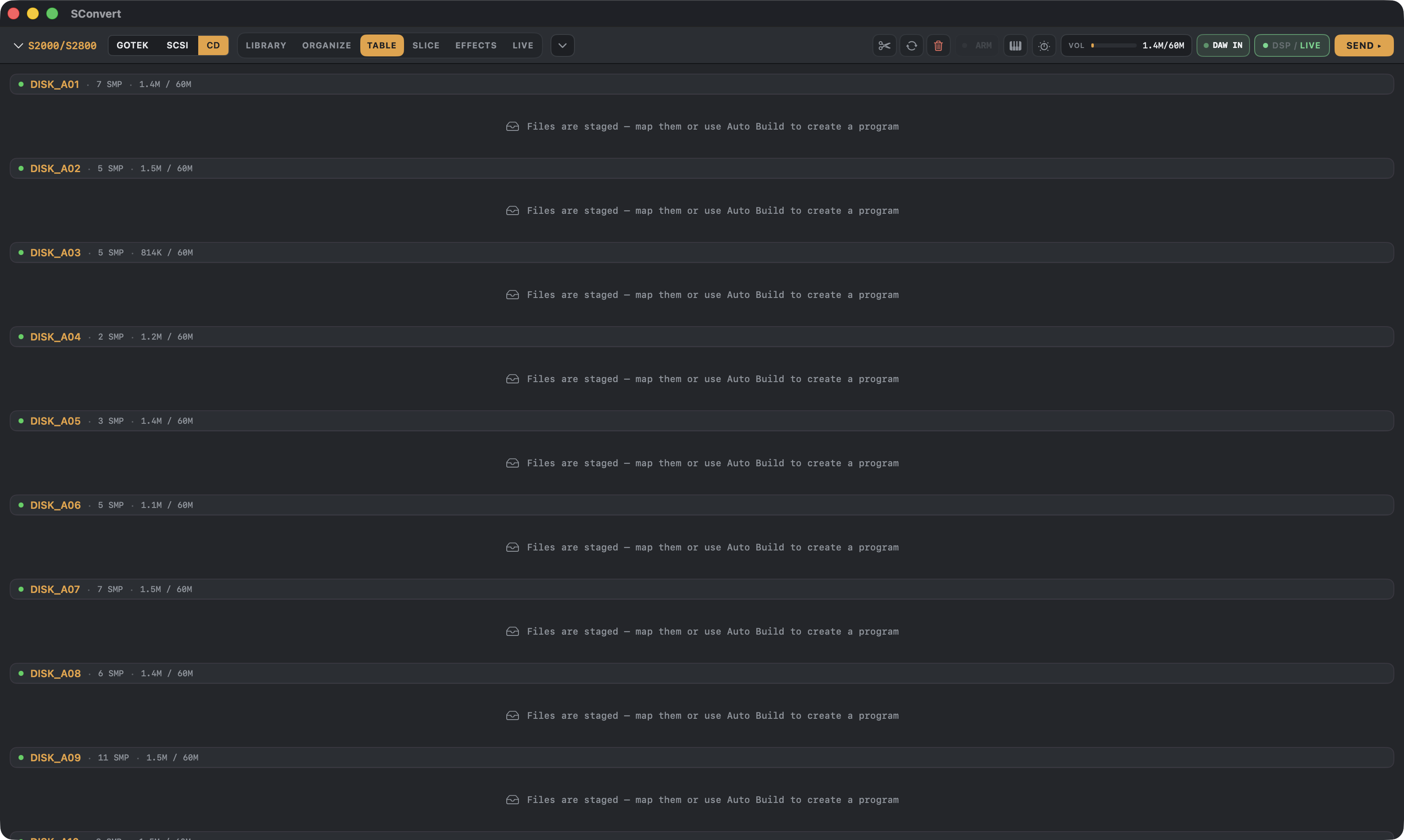 S-Convert disk staging table with Akai volumes packed and ready to write