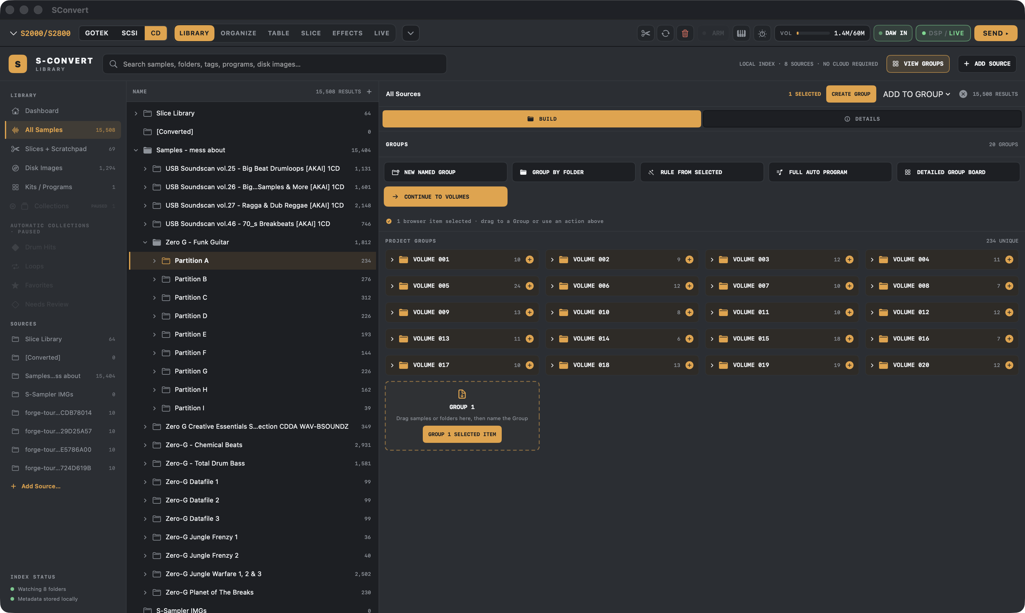 S-Convert library with 15,000 samples indexed, grouped into Akai volumes
